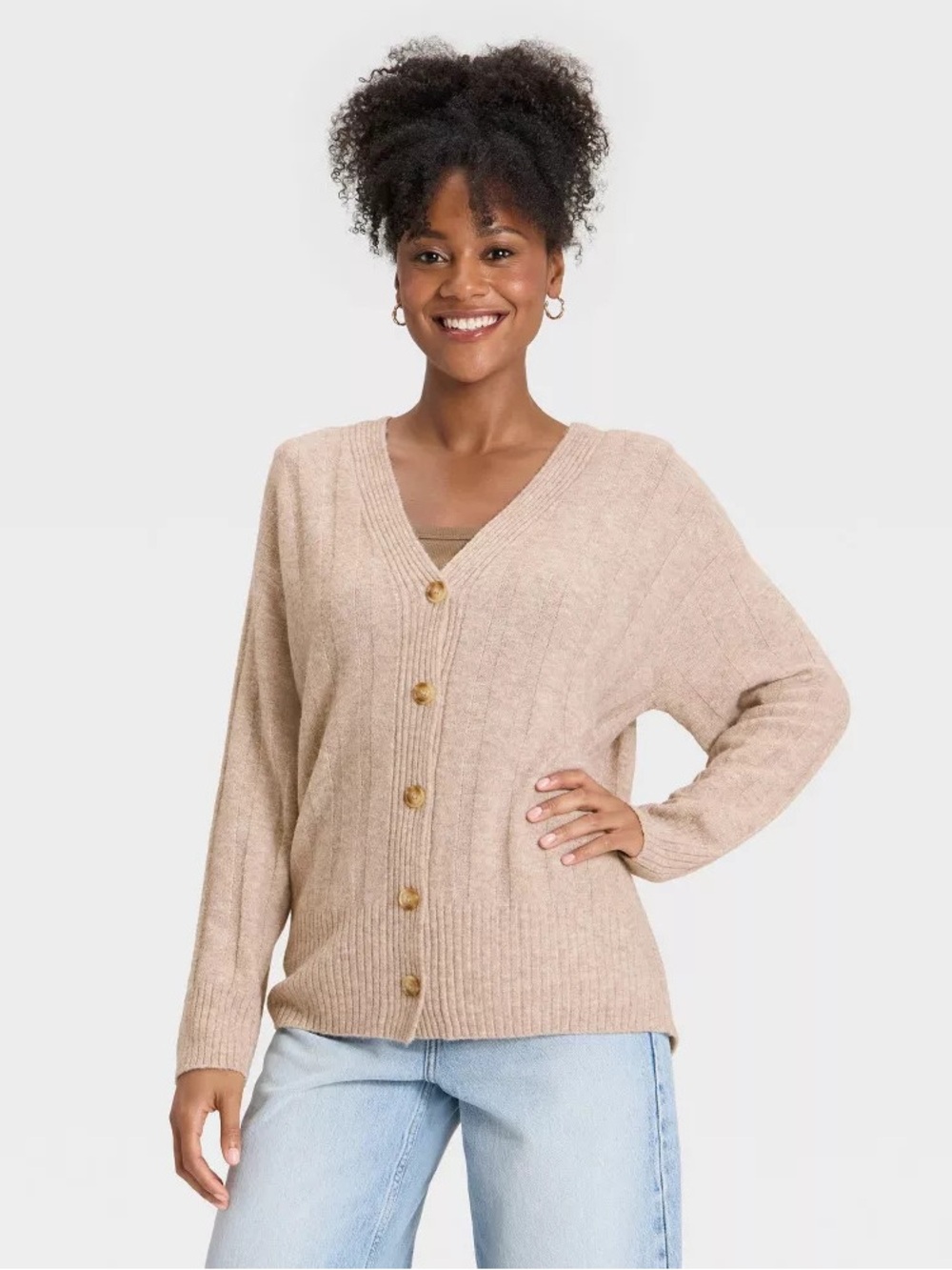 Women's V-Neck Knit Ribbed Cardigan Sweater - Universal Thread Tan 2X
